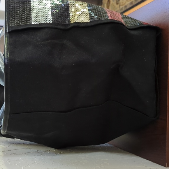 Victoria\'s Secret Large Black Bling Striped Sequined Carryall Canvas Tote